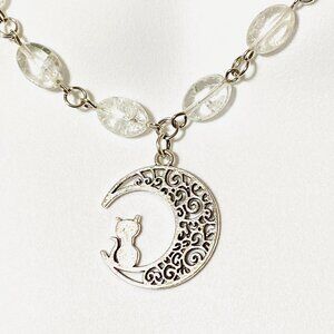 Clear Crackle Quartz Short Necklace, Gemstone & Silver Cat on the Moon Pendant